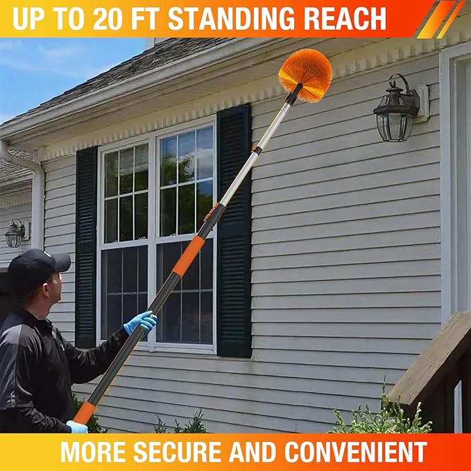 20FT Reach Cobweb Duster with Extension Pole, Spider Web Brush for Cleaning Extendable, Professional Ceiling and Corner Dusters for Outdoor Indoor Use