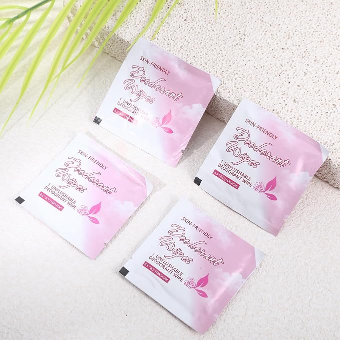 200Pcs Travel Deodorant Wipes, Travel Size Mini Deodorant Wipes Bulk for Homeless, Individually Wrapped Body Cleaning Supplies for Women Wet Armpit for Body Cleaning Rose