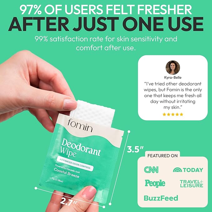 FOMIN Acidified Travel Deodorant Wipes For Women & Men - 30 Count - Coastal Breeze - pH Balanced, Mini Deodorant Travel Size Wipes - Plastic-Free, Individually Wrapped Underarm Body Wipes