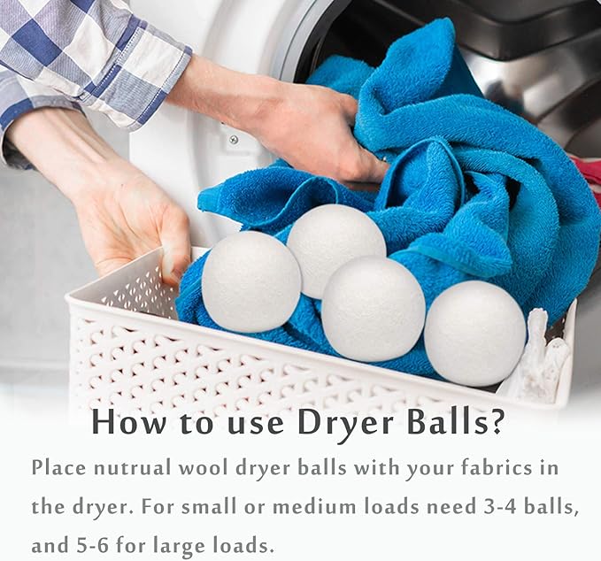 Wool Dryer Balls - 6 Pack XL, 100% Handmade Natural New Zealand Wool, Reusable Organic Fabric Softener, Reduce Wrinkles & Drying Time, Chemical Free Hypoallergenic Safe White
