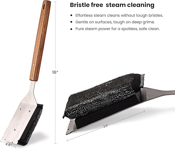 Grill Scrubber and Scraper for Barbecue with Replaceable Scrubber Head – Grill Cleaner for Outdoor Grill with Extended 16” Large Wooden Handle -No Scratch on Grill by Dhampooh