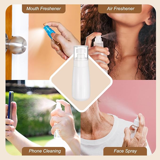 uxcell 6Pcs Small Spray Bottles, 100ml/3.4 oz Travel Size Spray Bottle Fine Mist Empty Refillable Travel Containers with Labels for Perfume Cosmetic Essential Oil (White/Clear)