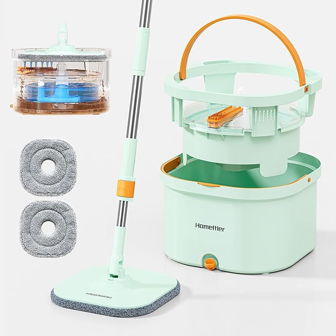 Spin Mop and Bucket Set with Detachable Inner Mop Bucket, Mops and Buckets for Floor Cleaning Includes 2 Replaceable Thick Microfiber Mop Pads