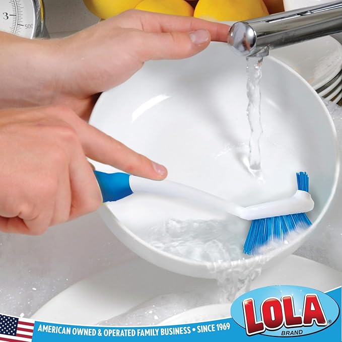 Dish Brush Scrubber for Kitchen, by LOLA, Has Stiff Bristles & Food Scraper, Comfort No-Slip Grip Handle, Safe for Non-Stick & Coated Cookware, 2 Pack