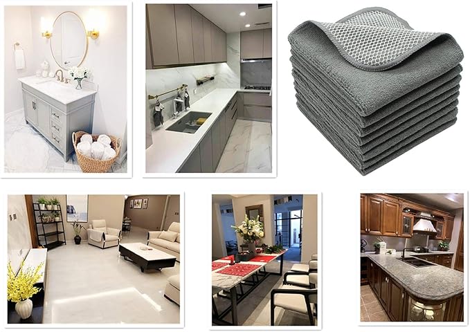 Microfiber Dish Cloths Fast Drying Kitchen Cleaning Cloth Dish Rags Dust Cloths Ultra Absorbent Lint Free Washcloths with Poly Scrub Side 12inch x 12inch 8 Pack (Gray)