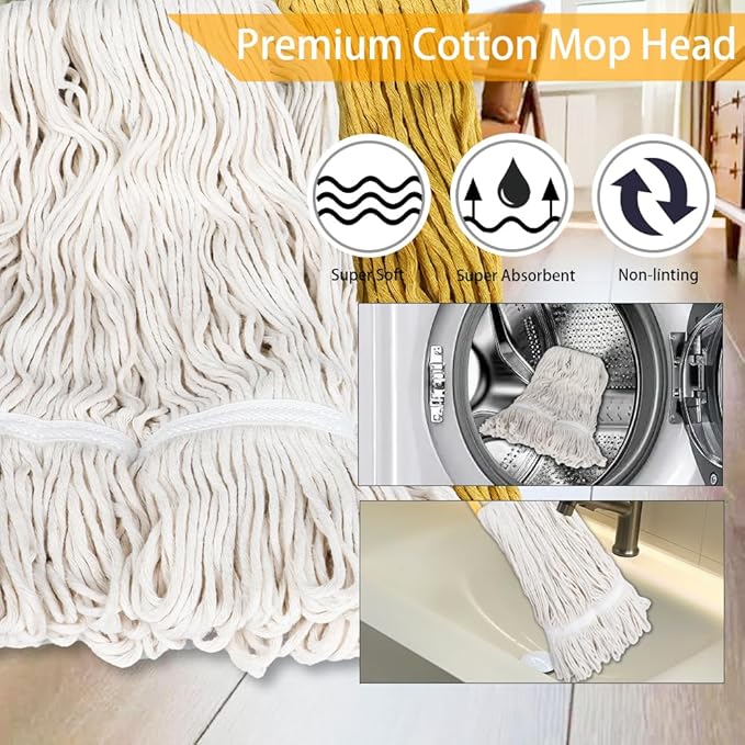 Wet String Mop for Floor Cleaning, Heavy Duty Mop with 2 Reusable Heads, Long Handle Industrial Cotton Mop for Restaurant Home Garage Office Patio Warehouse (Yellow)