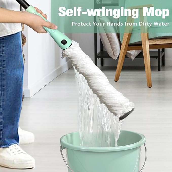 Self Wringing Twist Mop with 57.5 Inches Long Handle, Dry Wet Microfiber Floor Mop with 2 Reusable Heads for Cleaning Hardwood Tile Marble Vinyl Laminate Home Lobby Kitchen Office
