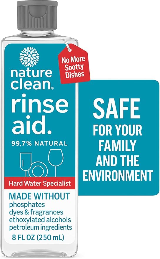 Nature Clean Natural Dishwasher Rinse Aid Liquid with 99.7% Plant-Based Ingredients, Unbelievable Power with No Nasty Chemicals. Dishwasher Drying Agent. Hard Water Stain Remover. 8 oz. (12 pack)