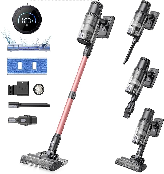 Proscenic Cordless Vacuum Cleaner, Wet Dry Vacuum and Mop Combo All in one, 45Kpa Suction Lightweight Stick Vacuum with LED Display, 50Mins Runtime Rechargeable Vacuum for Pet Hair, P11 Pro (Pink)