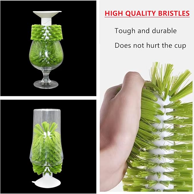 1PCS Glass Cleaning Brush with Suction Cup, Kitchen Bottle and Wine Cup Cleaner, Stable Washing for Cups, Mugs, Decanters and Jugs, Green