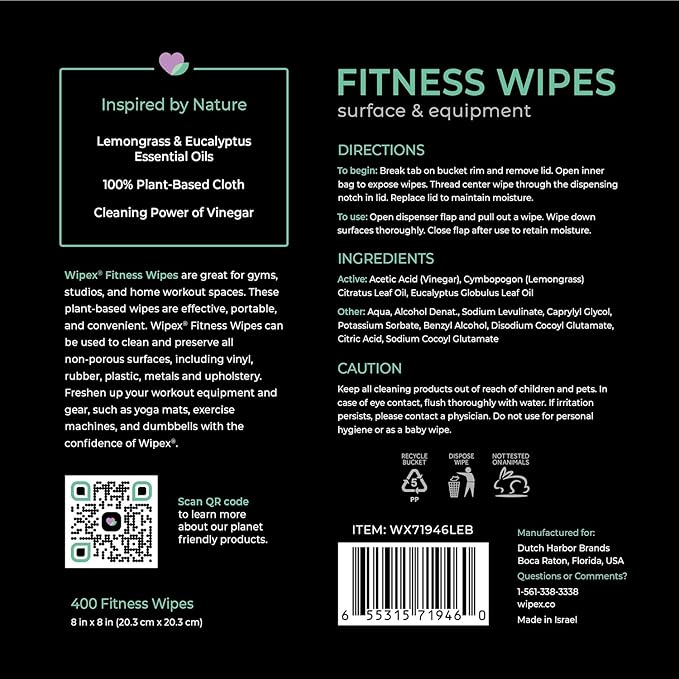 Wipex Gym Wipes for Equipment Bundle – Get 1600 Wipes with (2) Lemongrass & Eucalyptus Buckets & (2) Refill Rolls, Plant-Based Fitness Equipment Wipes, Clean Surfaces & Gear, 400 Count (Pack of 4)
