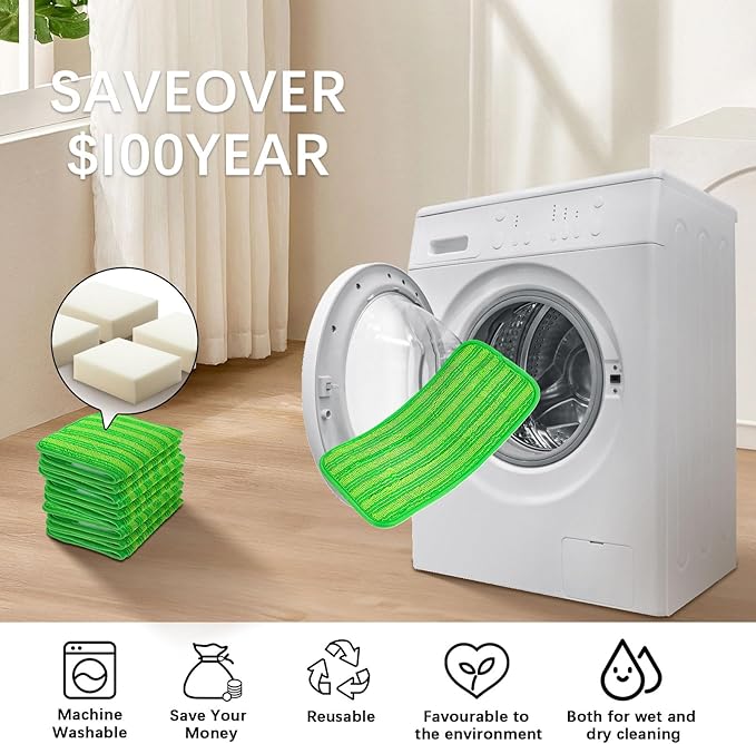 Microfiber Reusable Mop Pads Compatible with Swiffer Sweeper- Machine Washable Microfiber Mop Pad Refills for Household Cleaning-Floor Cleaning Mop Head Pads Work Wet and Dry-Pack of 6