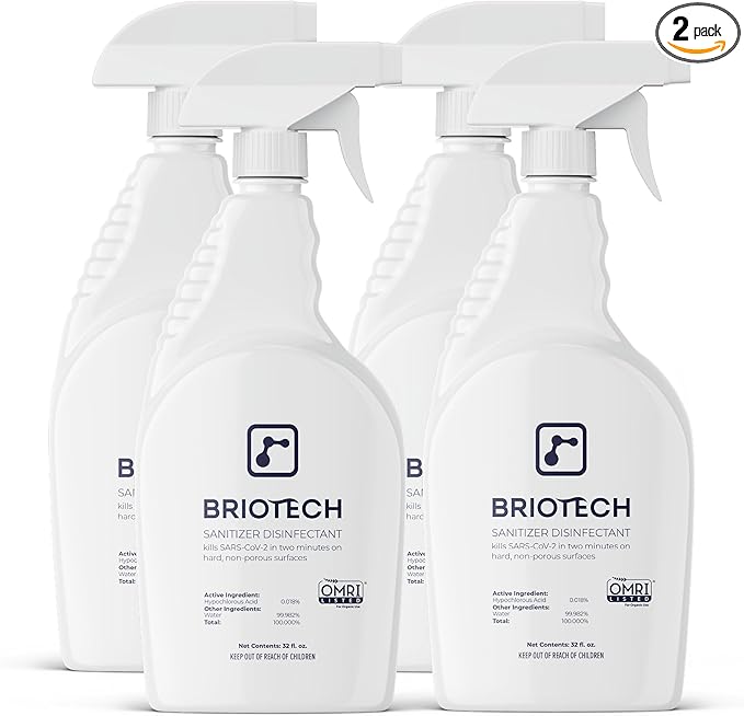 BRIOTECH Sanitizer Disinfectant Hypochlorous Spray, Kill 99.99% of Viruses & Bacteria, Gentle for Nursery & Play Rooms, Food Contact Surface Safe, 32 Fl Oz (Pack of 4)