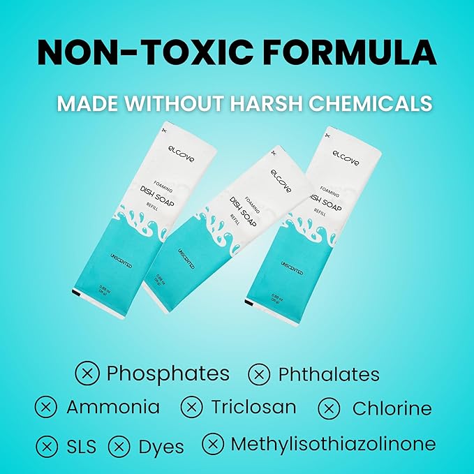 Foaming Dish Soap Refills (5pk), Concentrated Powder Refills Make 5 Bottles x 12oz each of Non Toxic Eco Friendly Unscented Dish Soap, Zero Waste, Plastic Free, Septic Safe