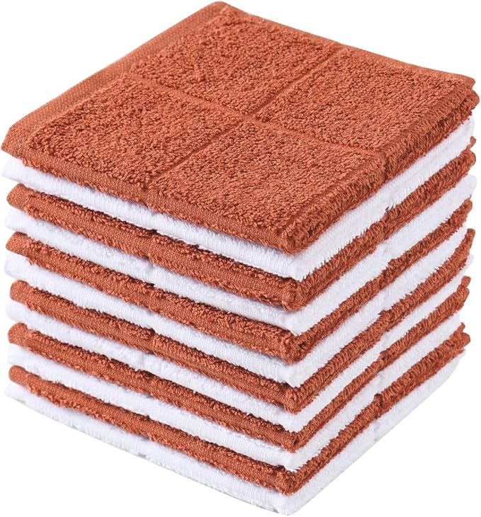 Glynniss Dishcloths Kitchen Highly Absorbent Dish Rags 100% Cotton Dish Cloths for Washing Dishes, Cleaning (Rust White, 11x11)