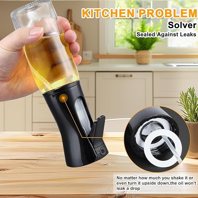 Oil Sprayer for Cooking, Oil Spray Bottle with Brush, Glass Oil Sprayer, 200ML Oil Dispenser for Kitchen, Continuous Oil Spray Bottle with Portion Control for Air Fryer, Salad, BBQ, White (Black)