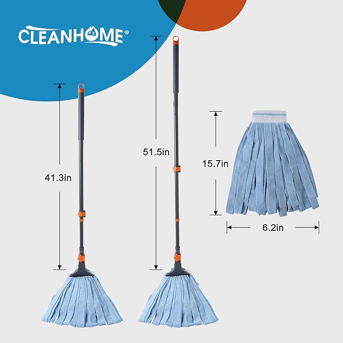 Microfiber String Wet Mops for Floor Cleaning, Heavy Duty Industrial Mop for Kitchen Basement Cleaning, Commercial Mop with Extendable Long Handle,Blue