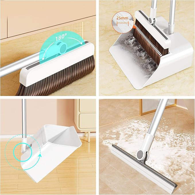 3-in-1 Magnetic Broom and Dustpan Set: 180° Rotatable Silicone Broom, Large Capacity Dustpan with Self-Cleaning Teeth, Upright Stand Up for Home, Office, Lobby, and Pet Hair Cleaning