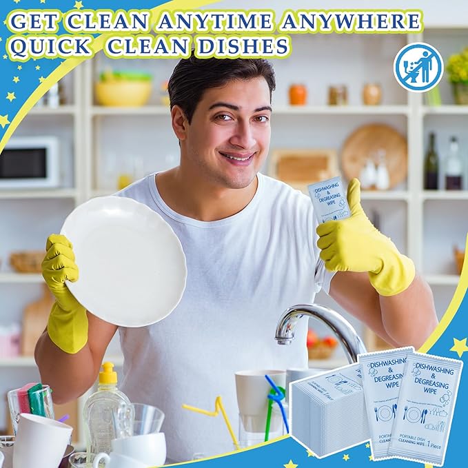 Tondiamo 150 Pcs Individually Wrapped Dish Cleaning Wipes Disposable Portable Travel Dish Soap Wipes with Lemon Scent for Kitchen Outdoor Camping Traveling Quick Clean
