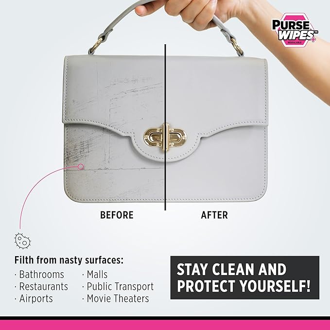 SneakERASERS: PurseWIPES Purse Cleaner Wipes - Portable Leather Wipes for Bags, Purses, and Backpacks, Dirt and Scuff Remover with Innovative ScrubNubs, Perfect for Quick Cleaning, 4-Pack