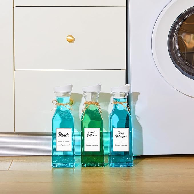 Hushee 4 Pcs Laundry Detergent Dispenser Bottle 51oz with Measure Cup Labels for Laundry Detergent Soap Fabric Softener Bleach Scent Booster Beads Bottle for Laundry Room Decor