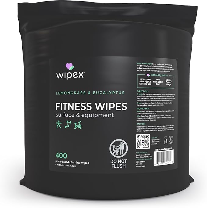 Wipex Gym Wipes for Equipment Bundle – Get 1600 Wipes with (2) Lemongrass & Eucalyptus Buckets & (2) Refill Rolls, Plant-Based Fitness Equipment Wipes, Clean Surfaces & Gear, 400 Count (Pack of 4)