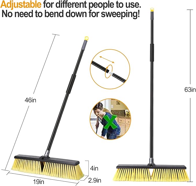 18 Inches Push Broom Outdoor- Heavy Duty Broom with 63" Long Handle for Deck Driveway Garage Yard Patio Concrete Floor Cleaning