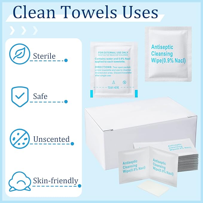 Treela 150 Pcs Sterile Saline Wipes Antiseptic Cleansing Individually Wrapped Travel Wet Wipes Unscented Cleansing Face Eye Wound Aftercare Swabs for Adult Travel Individual Packet