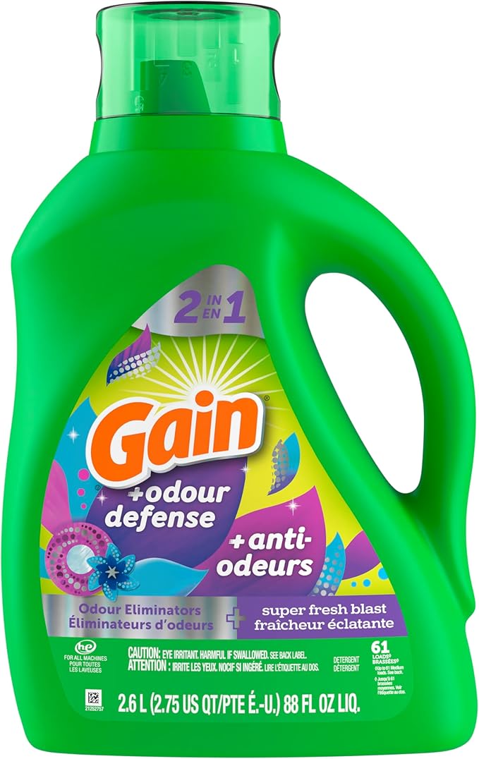 Gain + Odor Defense Liquid Laundry Detergent, Super Fresh Blast Scent, 88 Oz, 61 Loads, HE Compatible