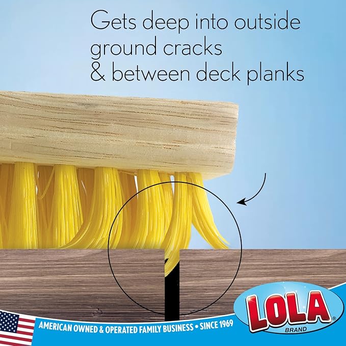 Lola Products Deck Scrub Brush Broom, 9" x 3.5" Wide, Durable Bristles Remove Dirt, Grime, Grout, Leaves, Snow on Patios, Decks, Wet or Dry, 1 Count