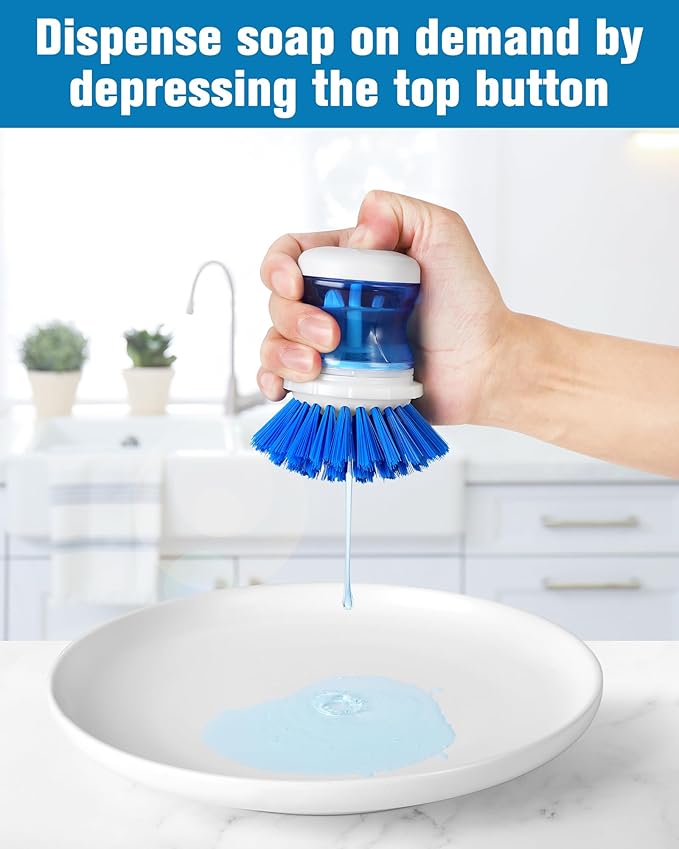 Dish Scrubber with Soap Dispenser for Dishes Pot Pan Kitchen Sink Cleaning, Blue 2Pcs with 2 Refills
