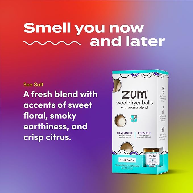 Zum Indigo Wild Laundry Dryer Balls Kit - Wool Laundry Balls for The Dryer - Essential Oil Spray - Reusable Drying Balls for Laundry - Sea Salt - (3 Dryer Balls, 1 Aroma Blend)