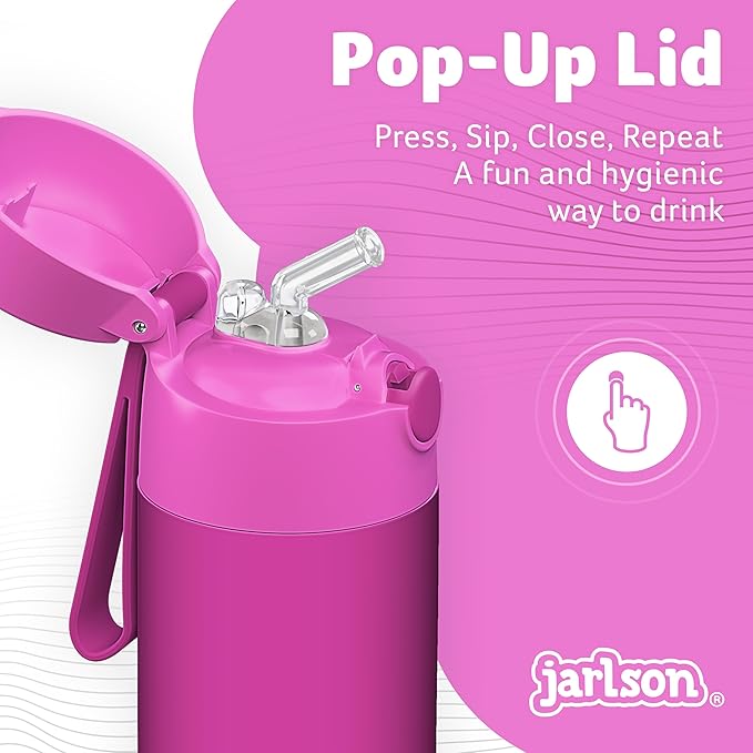 Jarlson® Charli Children's Stainless Steel Drinking Bottle with Straw - Thermos Flask 350 ml - TÜV Tested - BPA Free - Leak-Proof - Thermal Water Bottle for School, Nursery (Magenta)