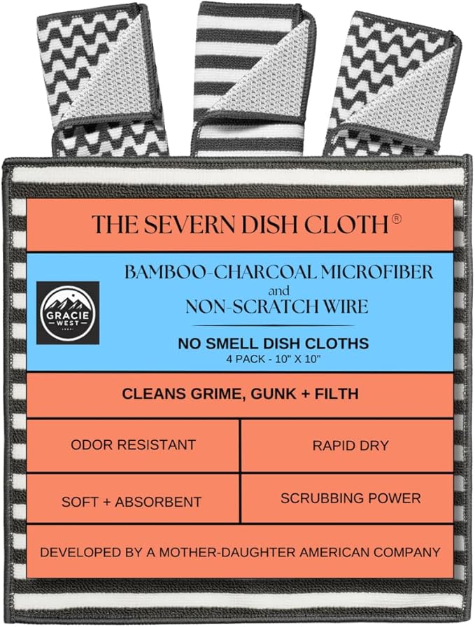 Severn Dish Cloths for Washing Dishes 4pk. No-Smell Dish Rags with Non-Scratch Wire Scrubber Side for Kitchen Cleaning. Grime-Fighting Bamboo-Charcoal Microfiber 2-Sided Dishrags. Machine Wash + Dry