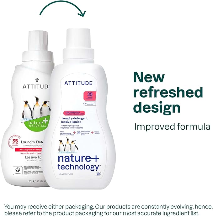ATTITUDE Liquid Laundry Detergent, EWG Verified Laundry Soap, HE Compatible, Vegan and Plant Based Products, Cruelty-Free, Pink Grapefruit, 35 Loads, 35.5 Fl Oz