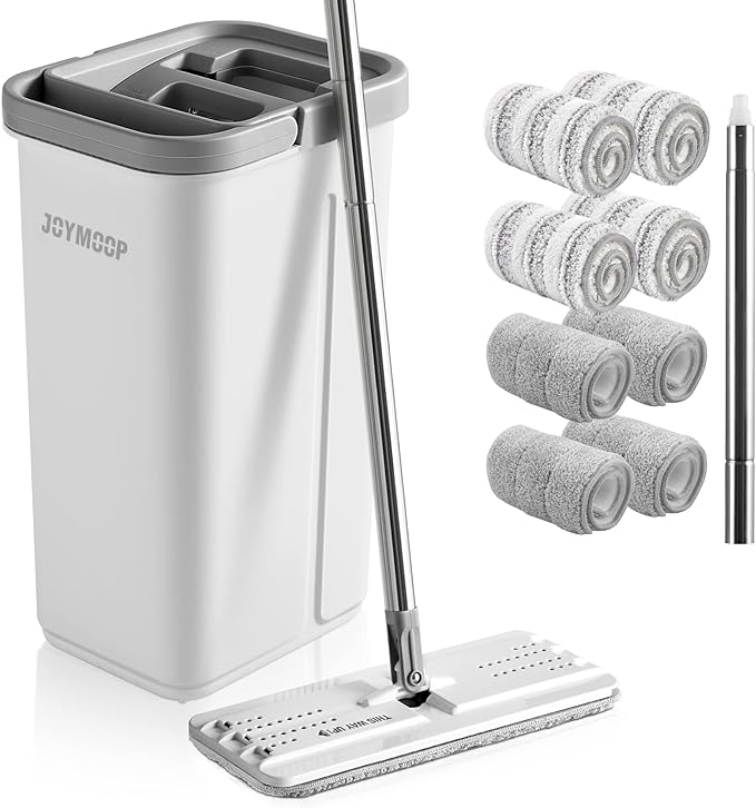 JOYMOOP Mop and Bucket with Wringer Set, Hands Free Flat Floor Mop and Bucket, with 3 Washable Microfiber Pads, Wet and Dry Use, Floor Cleaning System