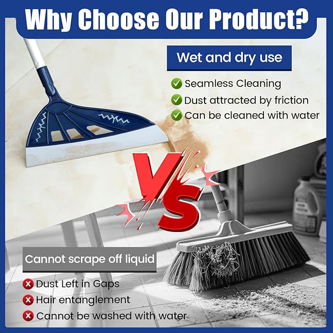 Magic Air Broom with V-Shape Brush, 2 in 1 180° Adjustable Silicone Broom for Floor Cleaning, 60” Long Handle Squeegee Sets to Clean pet Hair, Ketchup, Glass Shards (Blue)