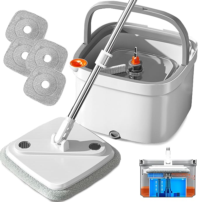 KZKR Spin Mop and Bucket Set with Self Separation Dirty and Clean Water System, Self Wringing 360° Rotating Square Mop Head for Home Floors Cleaning (1.0 Mop and Bucket Set (4 Pads))
