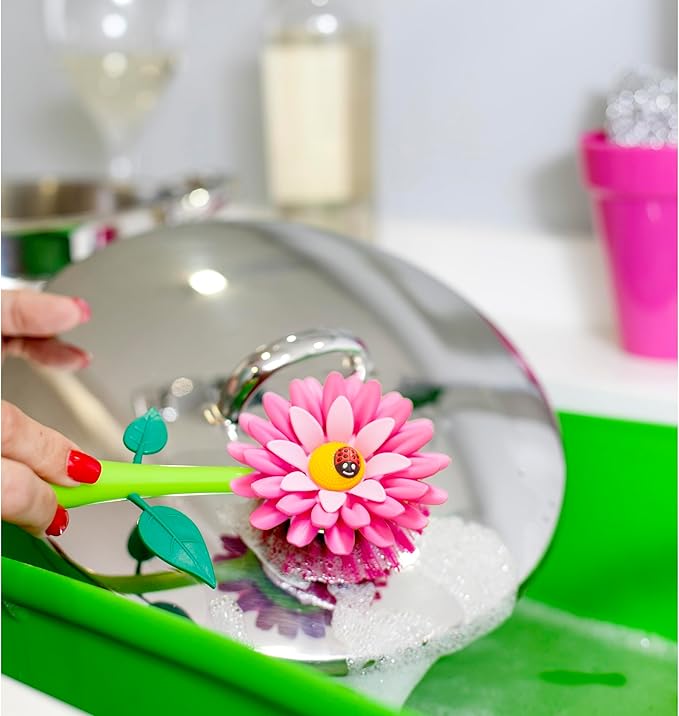 Vigar Flower Power Pink Dish Brush with Vase, 10-Inches, Pink, Green
