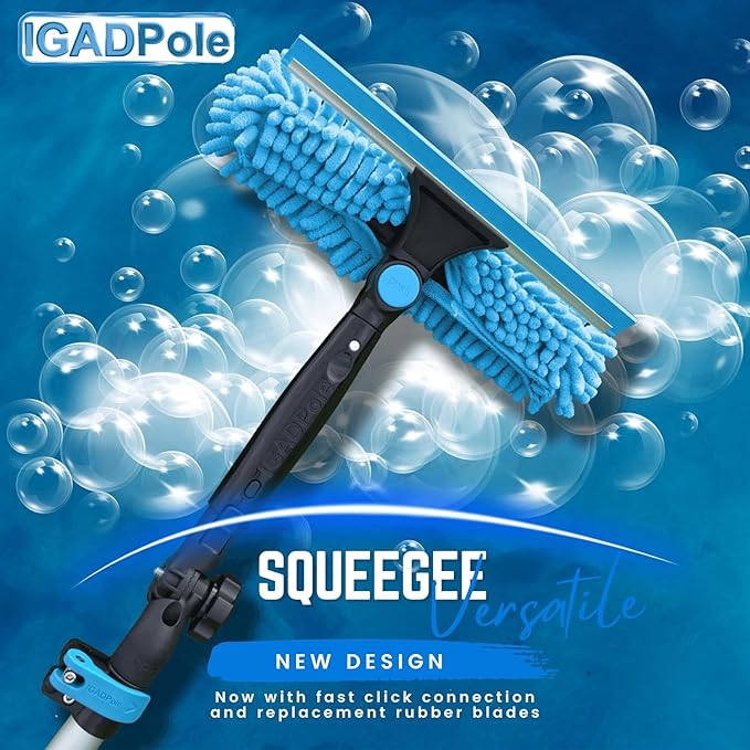 34ft IGADPole Washing Kit: Water-fed Brush, Cobweb Duster and 10” Squeegee and Soap Dispenser, with 6-Stage Telescoping Pole 5.5-27ft Pole and & 1ft Curved Extension