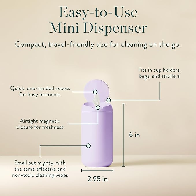 Mini Dispenser + All-Purpose Wipes Starter Kit - Non-Toxic Grapefruit Scented Everything Cleaning Wipes | Biodegradable Plant-Based Surface Cleaner | All Natural Kid & Pet Friendly (Citrine)
