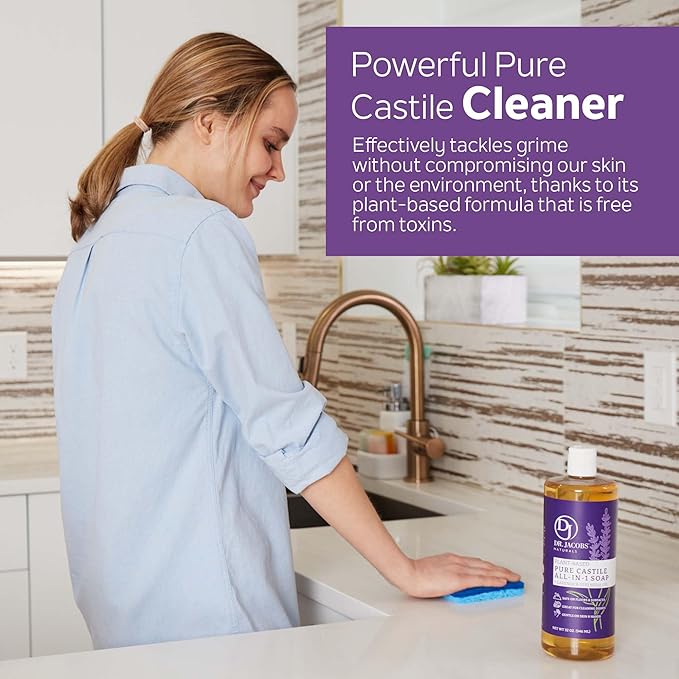 Dr. Jacobs Naturals Lavender Castile All-In-One Cleaner and Soap, Effective Plant-Based Formula for House Cleaning. Eco-friendly for Home Essentials and the Planet (32 Fl Oz, 1 Pack)