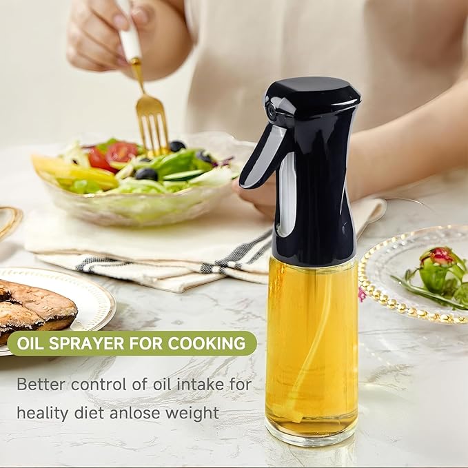 Oil Sprayer for Cooking, Oil Spray Bottle with Brush, Glass Oil Sprayer, 200ML Oil Dispenser for Kitchen, Continuous Oil Spray Bottle with Portion Control for Air Fryer, Salad, BBQ, White (Black)