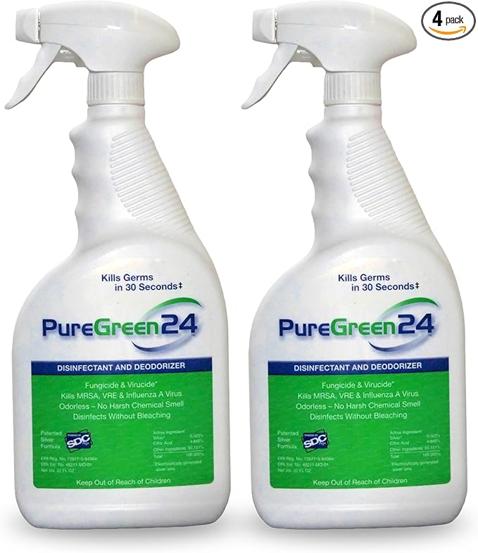 PureGreen24 Safe & Effective Disinfectant. Kills Deadly Germs including RSV COVID-19 Norovirus MRSA Staph 2025 flu Bird flu Contains no toxic chemicals odorless child & pet safe 2 32oz spray bottles