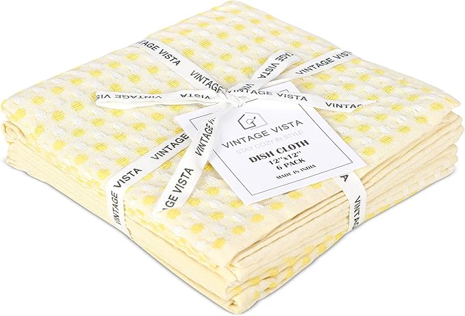 100% Cotton Dish Cloths (Pack of 6) - Dish Rags for Washing Dishes - Reusable & Highly Absorbent Kitchen Towels - Multipurpose Kitchen Rags - (12" x 12" - Lemon Yellow Honeycomb)