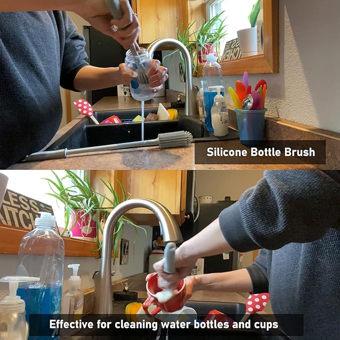 Silicone Bottle Cleaning Brush | 2 Pack| 15.7”+12.6” Water Bottle Brush Cleaner Brush for Hydro Flask,Glassware,Vacuum Sports Bottle&Vases,Water Bottle Cleaner Brush for Narrow Neck Containers (Grey)