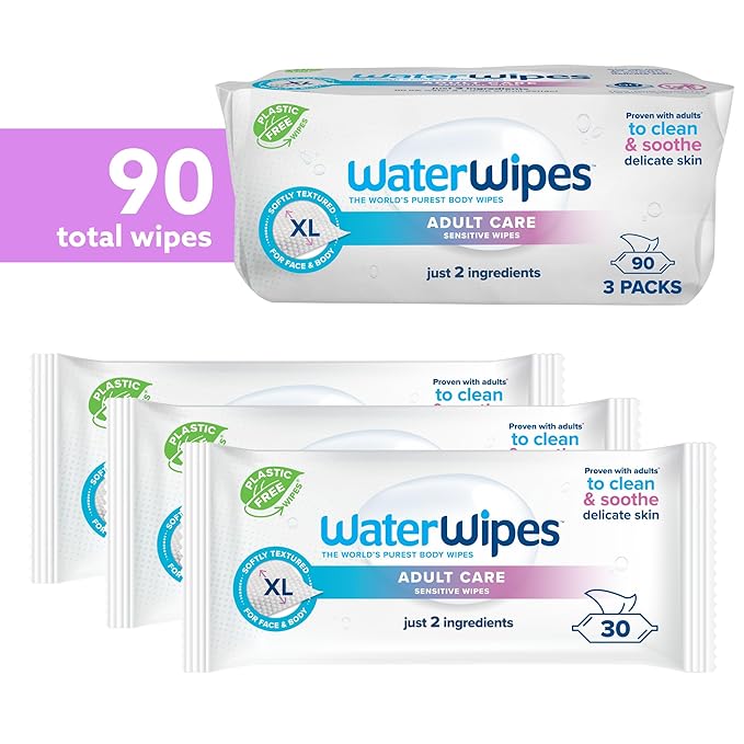 WaterWipes Adult Care Sensitive Body & Intimate Hygiene Wipes, 90 Wipes (3 Packs), Extra Large Textured, 99.9% Water-Based, For Everyday Personal Uses