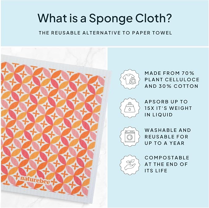 Orange Swedish Sponge Dishcloth Pack of 6 - Reusable, Washable, Odor & Scratch Free, Made with Wood Cellulose & Cotton, Multi-Use for Dishes & Counters, Replaces 17 Rolls of Paper Towel