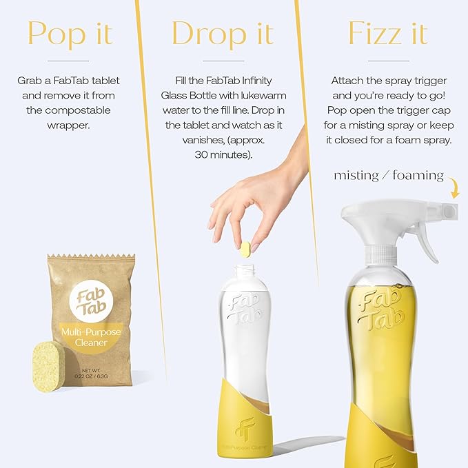 Multi Purpose Cleaner Cleaning Tablets, Eco-Concious Refillable Glass Bottle System with Boutique Hotel Scent, Safe For Family and Pets - Chemical-Free, Plastic-Free - 3 Count