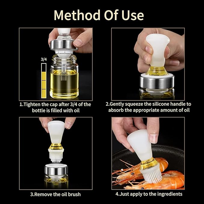 VolksRose Glass Oil Bottle with Silicone Brush 160 ml, Squeeze Type Oil Bottle BBQ Brush with Scale Lines, Oil Dispenser Bottle for Kitchen Cooking, BBQ, Baking, Marinating, Roasting, Grilling